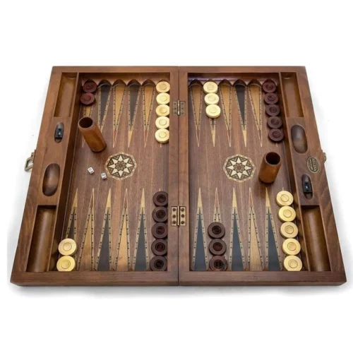 Backgammon Set - Mosaic Design. Foldable, Walnut, Classic BOARD GAME - Size 20,5"