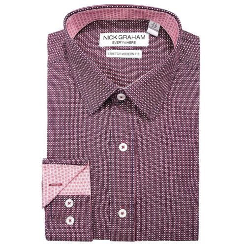 NICK GRAHAM - HIGH Quality LUXURY, Men's Dress Shirt, Multi-Square Traveler, Berry Distinctive Style