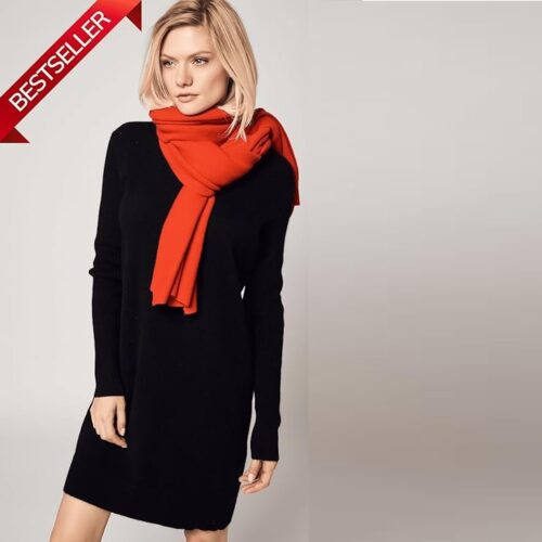 BELLMERE -  ORIGINAL Classic Cashmere Scarf with Sharp Print, Orange-Red, One size