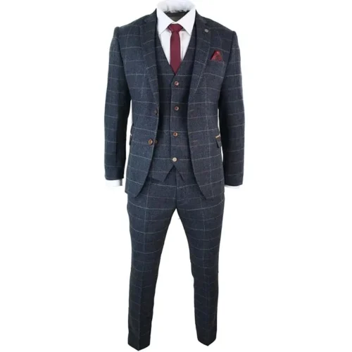 MARC DARCY - LUXURY Men's Navy Blue Wine Check Herringbone Tweed Vintage 3 Piece New Suit