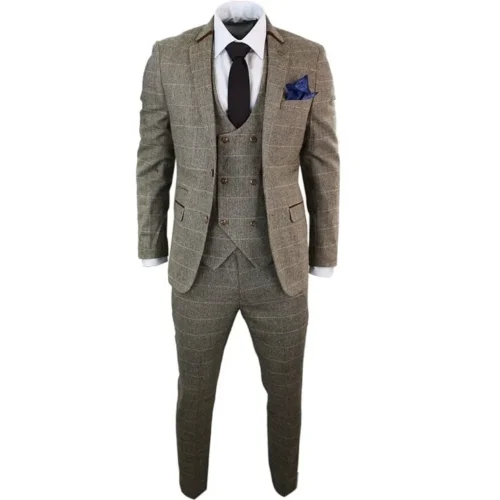 MARC DARCY - LUXURY Men's 3 Piece Herringbone Tweed Tan Brown Check Suit Tailored Fit Double Classic