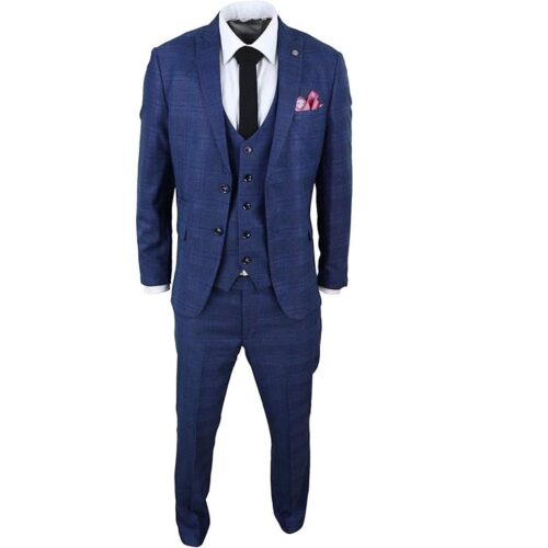MARC DARCY - LUXURY Men's 3 Piece Suit Blue 'PRINCE OF WALES' Black Check Vintage Retro