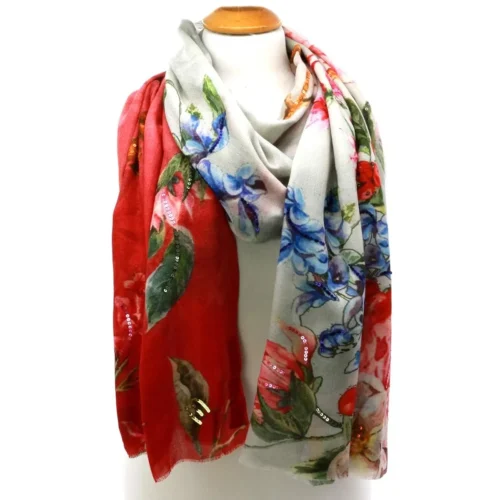 MOOILO - LUXURY Cashmere silk SCARF, Women's fashion, Jassy multi red with sequins design, Made in Germany