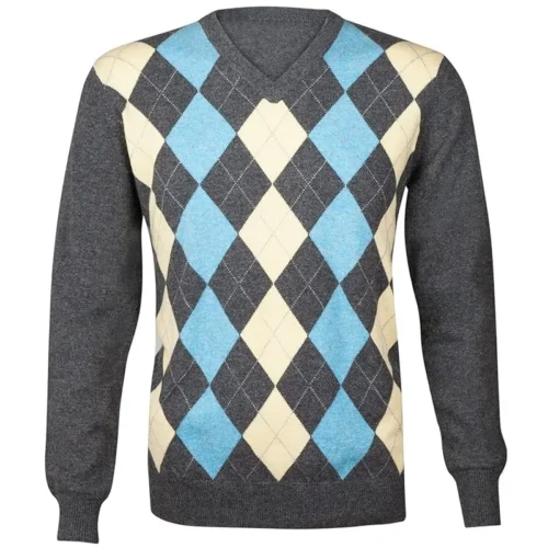 LONA SCOTT - LUXURY Men's 100% Cashmere, TOP QUALITY, V-Neck Jumper 2-Ply - Argyle