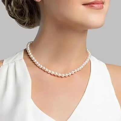 The Pearl Source - GENUINE Round White Japanese Akoya Saltwater Cultured Pearl Necklace