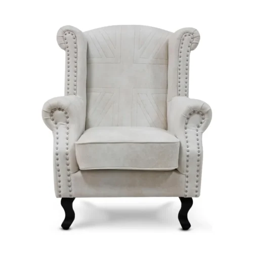 House of Velvet - British UNION JACK Flag Chesterfield Wingback Cream Suede Faux Leather Chair